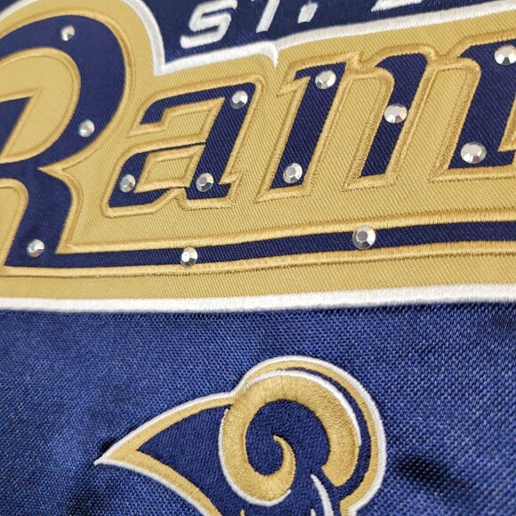 Vintage St. Louis Rams shirt Women's 2XL Blue NFL Bling mesh V-neck embroidered. - Picture 10 of 16